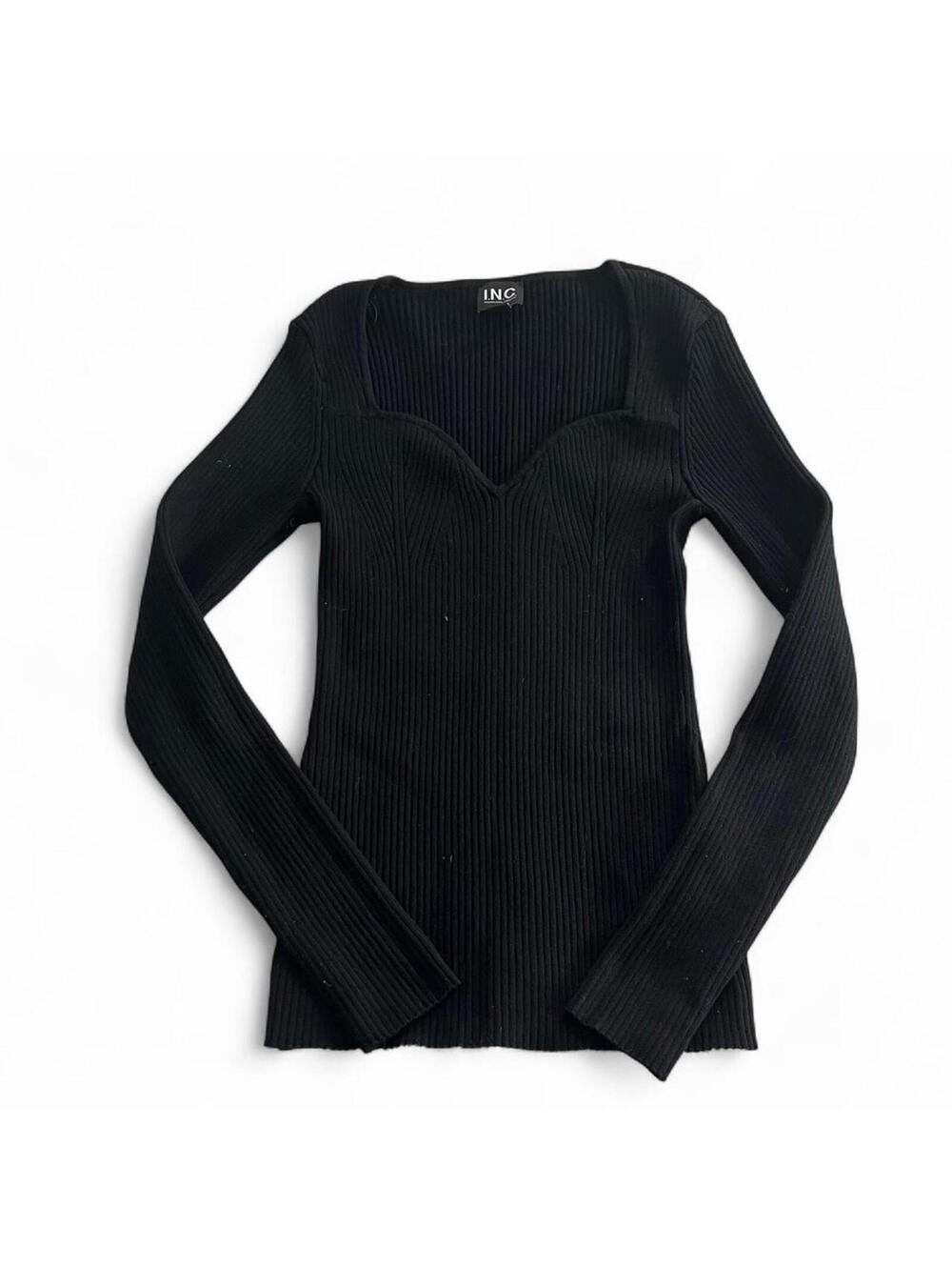 INC International Concepts Black Ribbed V-Neck Top